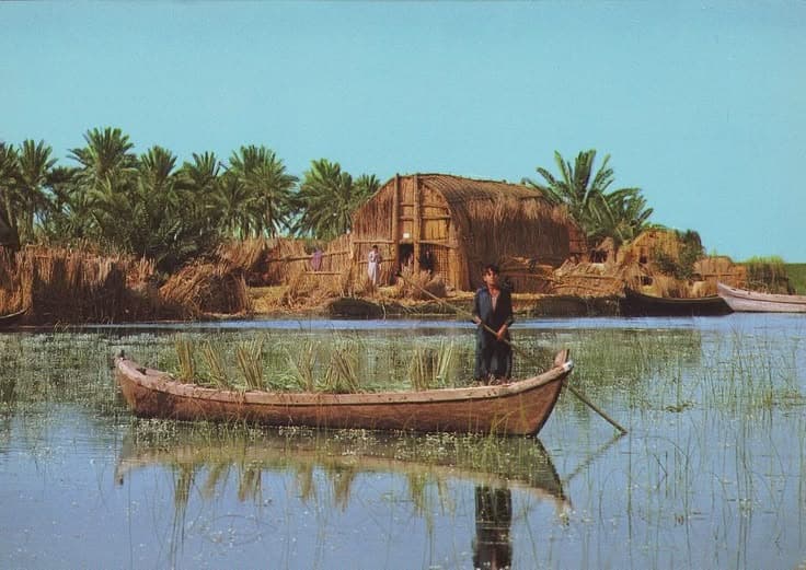 A Mashhoof in front of a traditional Mudhif reed house, 1980